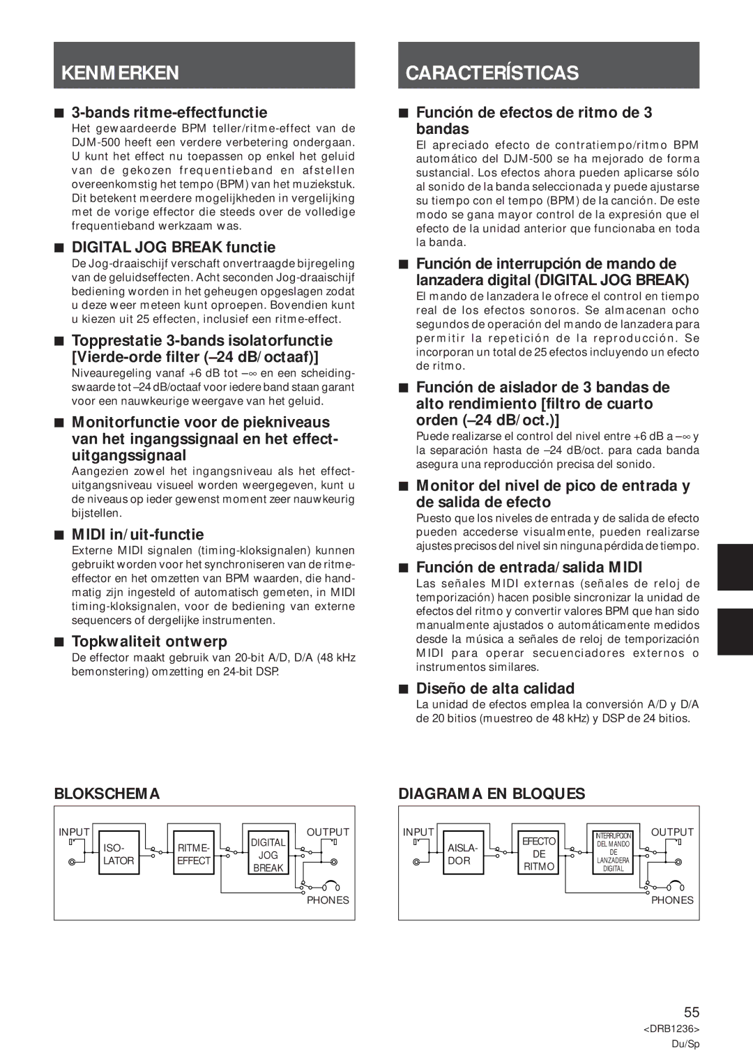 Pioneer Efx-500 operating instructions Kenmerken, Características, Blokschema, Diagrama EN Bloques 