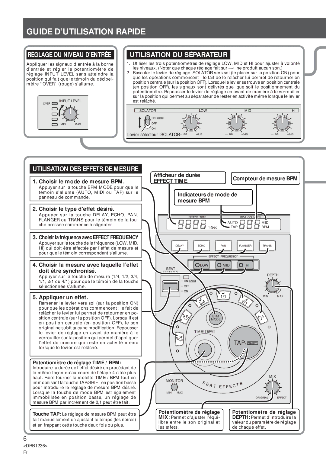 Pioneer Efx-500 Guide D’UTILISATION Rapide, Utilisation DU Séparateur, Réglage DU Niveau D’ENTRÉE, Effect Time 