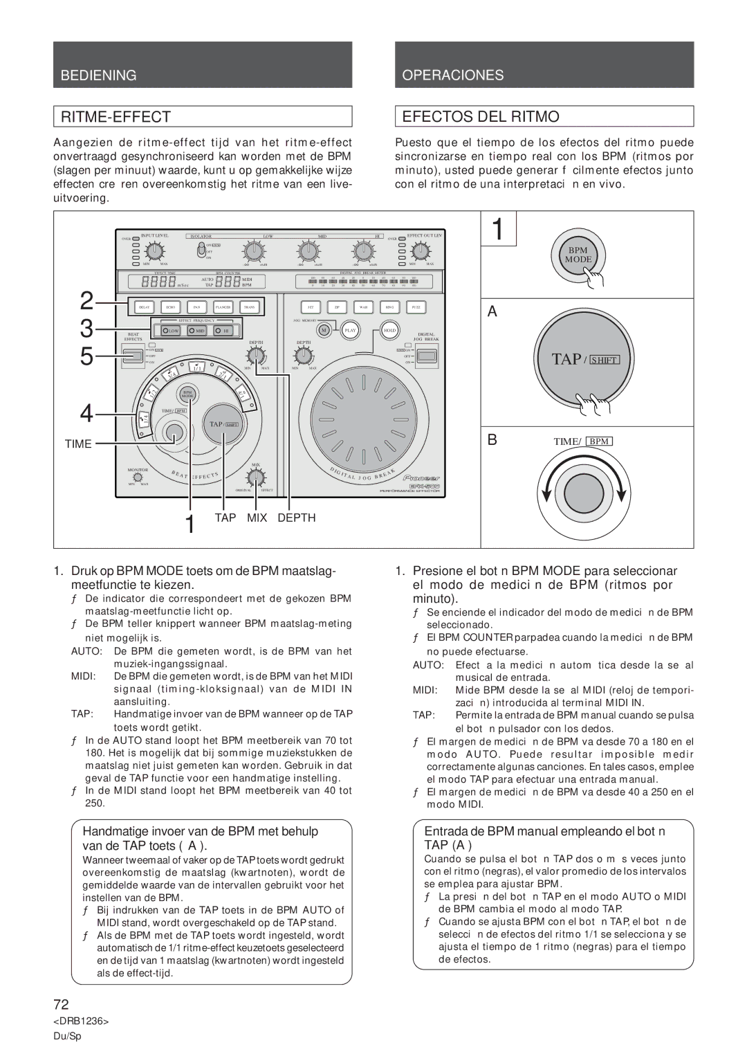 Pioneer Efx-500 Ritme-Effect, Efectos DEL Ritmo, Handmatige invoer van de BPM met behulp van de TAP toets a 