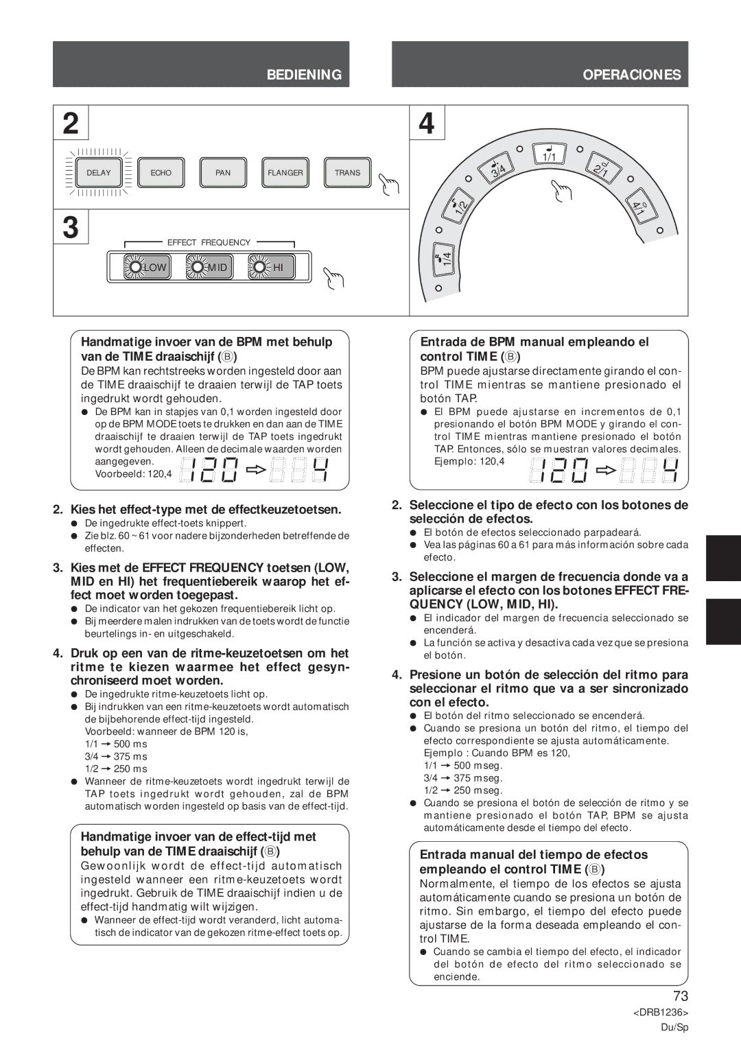 Pioneer Efx-500 operating instructions Bediening Operaciones, Entrada de BPM manual empleando el control Time B 