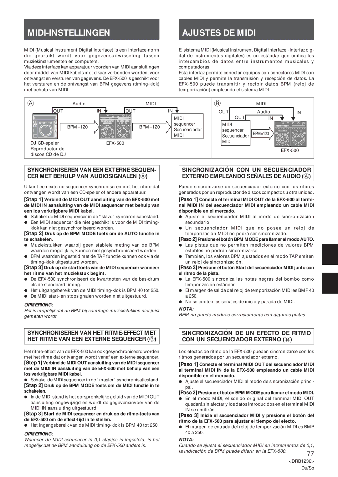 Pioneer Efx-500 MIDI-INSTELLINGEN Ajustes DE Midi, Paso 2 Presione el botón BPM Mode para llamar el modo Auto 