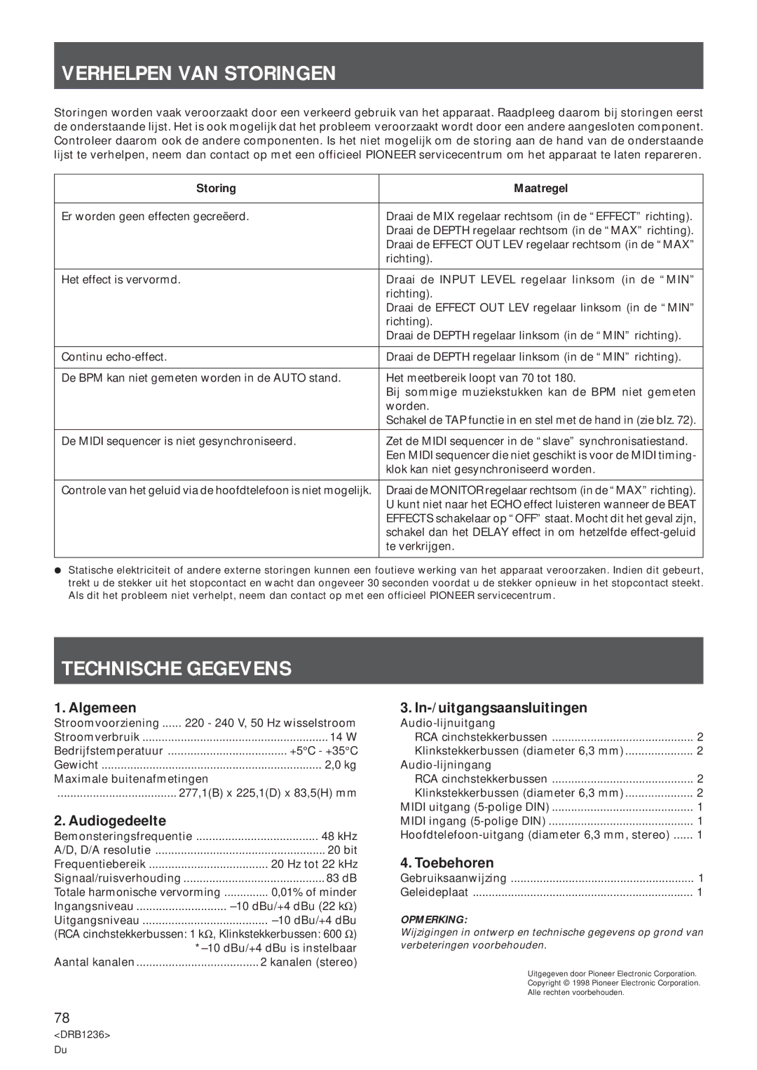 Pioneer Efx-500 operating instructions Verhelpen VAN Storingen, Technische Gegevens 