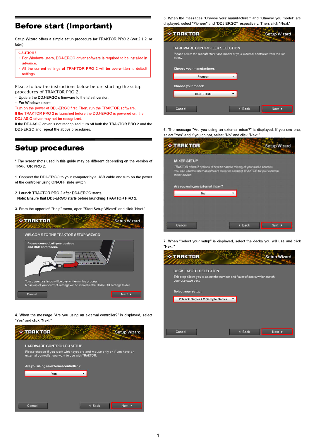 Pioneer ERGO setup guide Before start Important, Setup procedures 