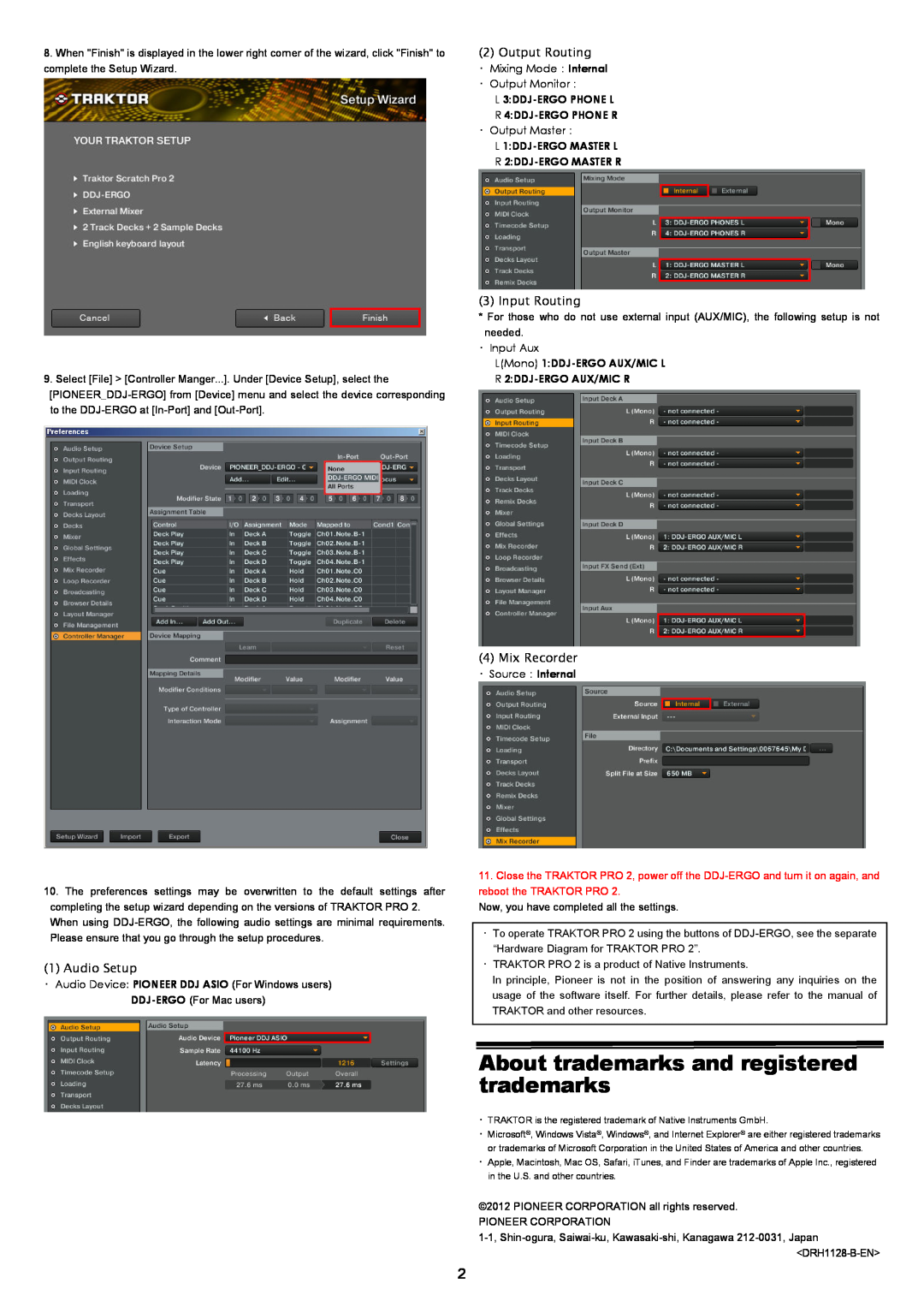 Pioneer ERGO About trademarks and registered trademarks, Output Routing, Input Routing, Mix Recorder, Audio Setup 