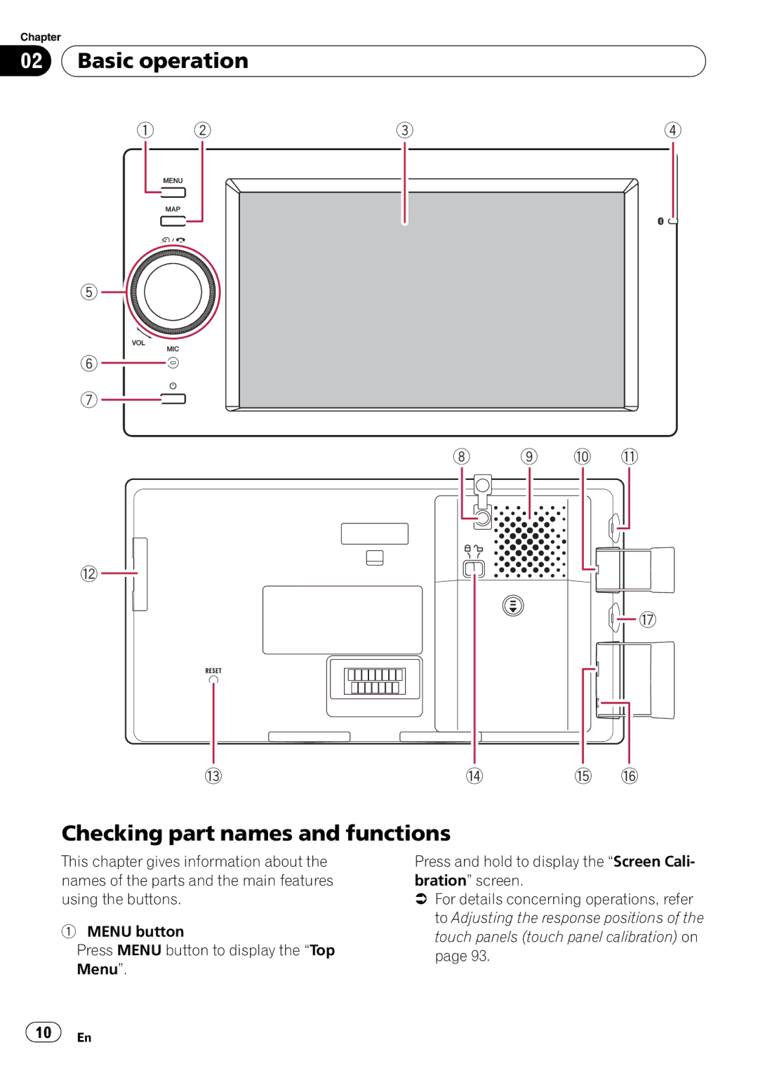 Pioneer F500BT operation manual Basic operation Checking part names and functions 