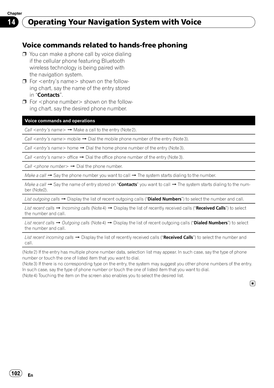 Pioneer F500BT operation manual Voice commands related to hands-free phoning, 102 En 