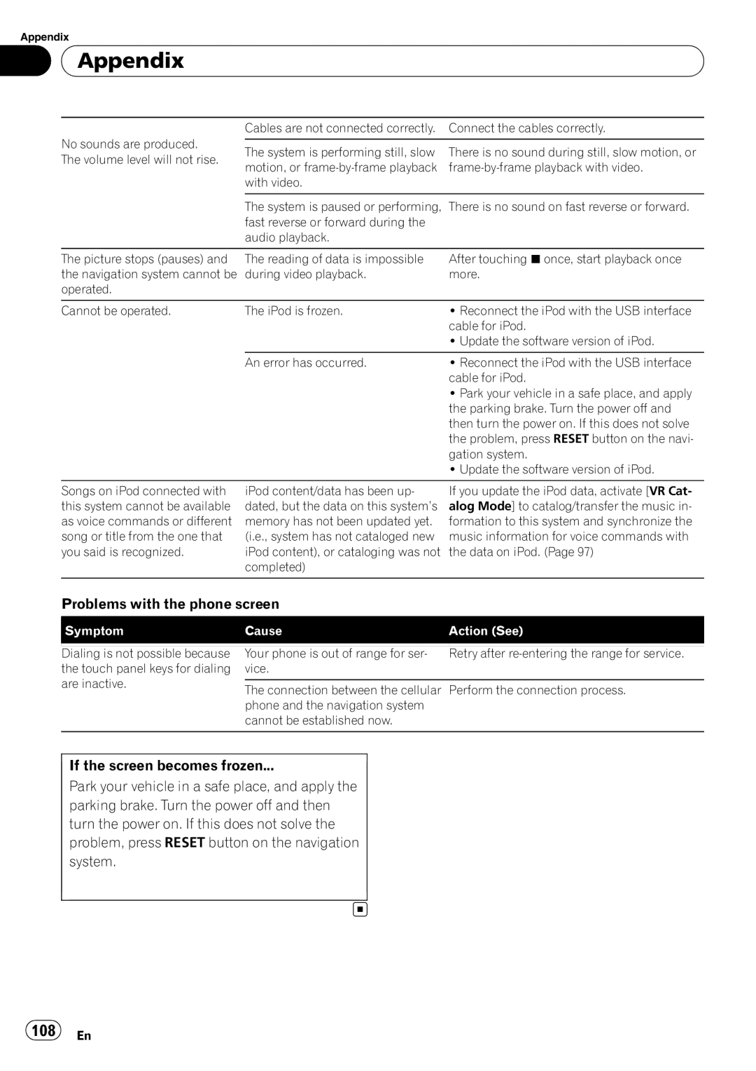 Pioneer F500BT operation manual 108 En, Problems with the phone screen 