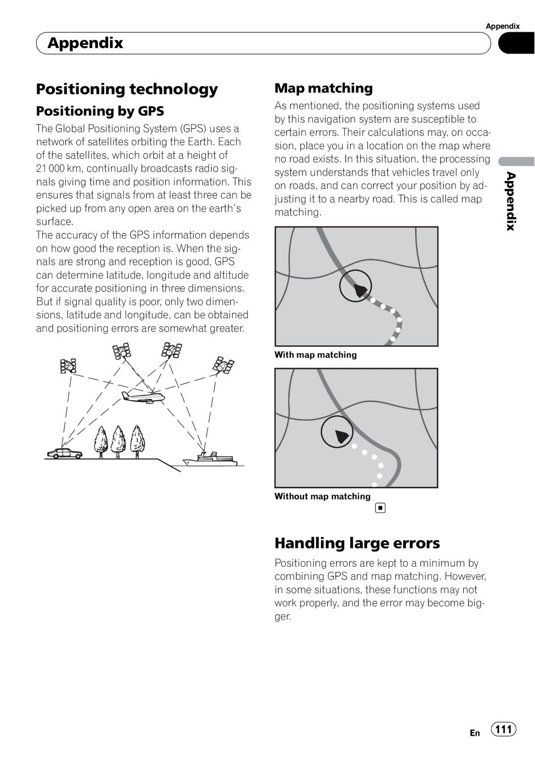 Pioneer F500BT operation manual Appendix Positioning technology, Handling large errors, Positioning by GPS, Map matching 