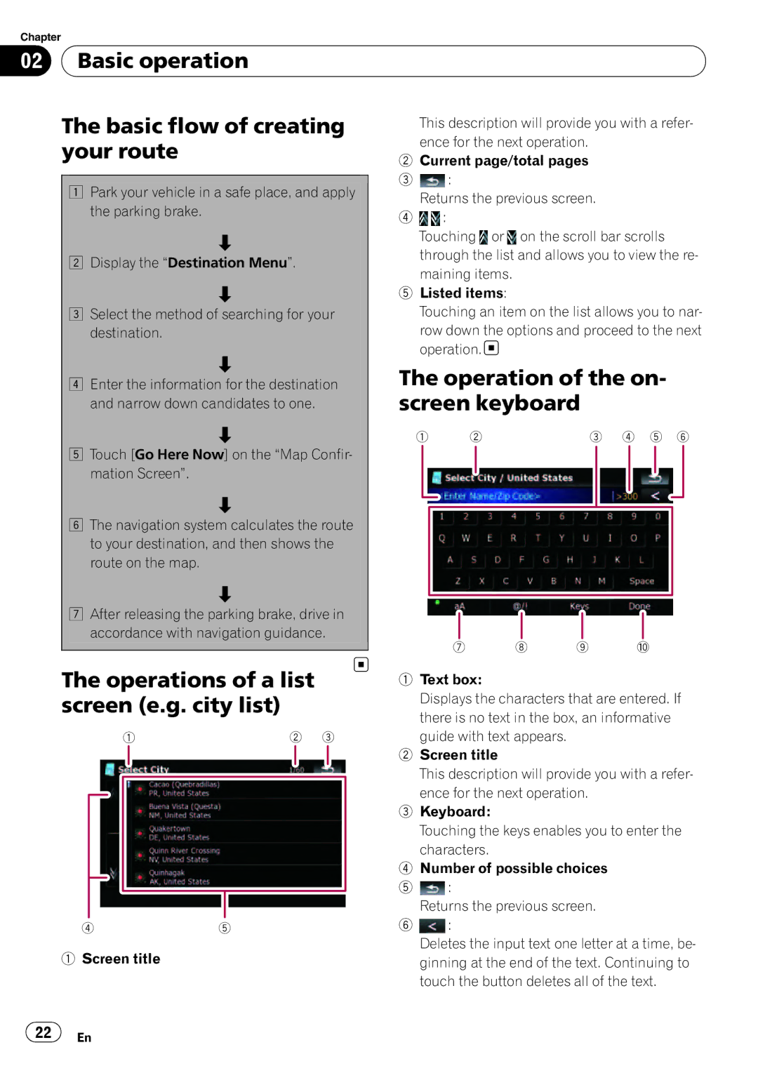 Pioneer F500BT operation manual Basic operation Basic flow of creating, Your route, Operation of the on, Screen keyboard 