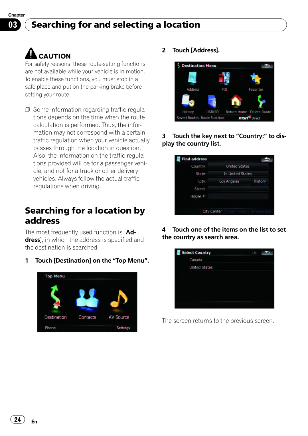 Pioneer F500BT operation manual Searching for and selecting a location, Searching for a location by address 