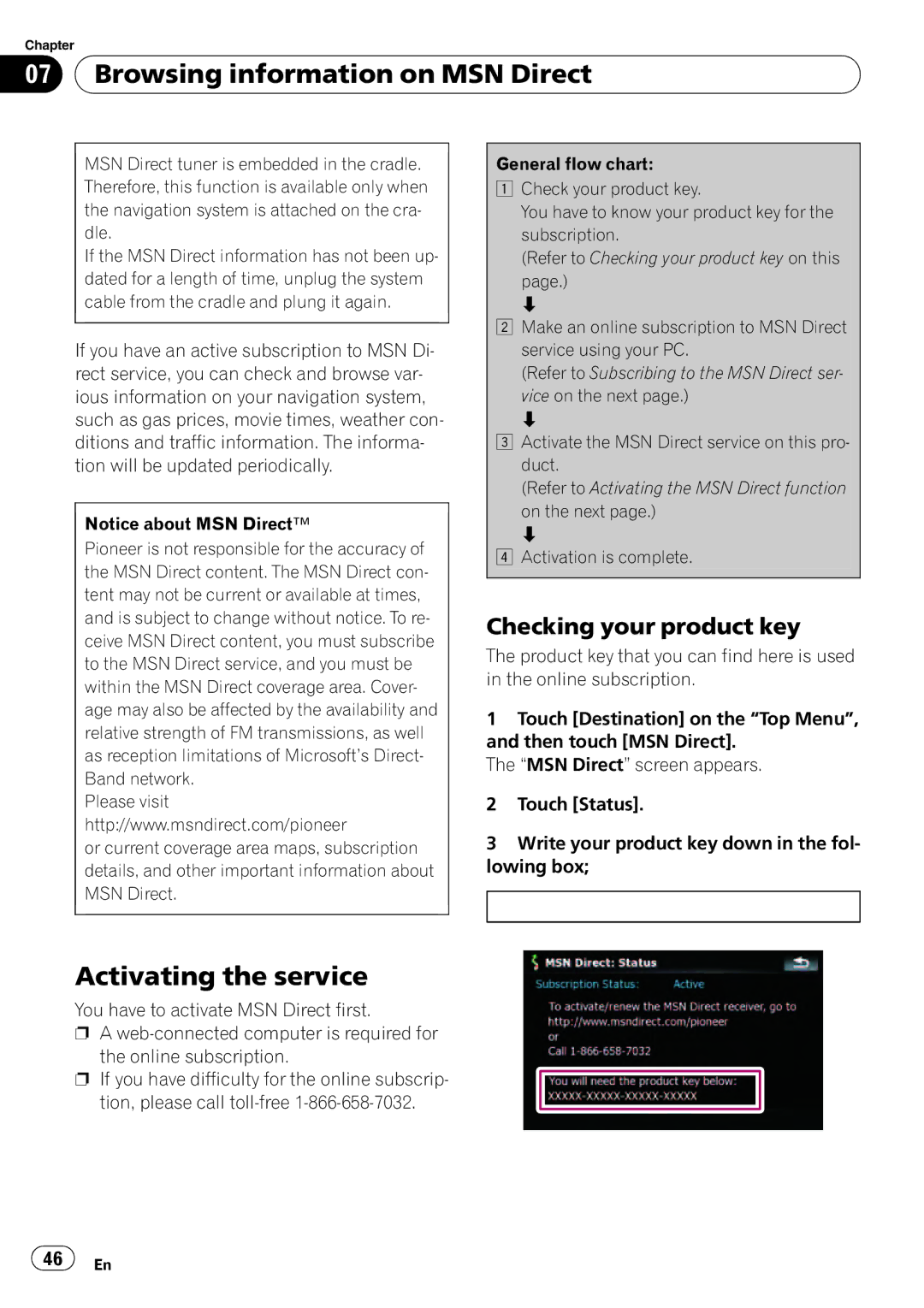 Pioneer F500BT operation manual Browsing information on MSN Direct, Activating the service, Checking your product key 