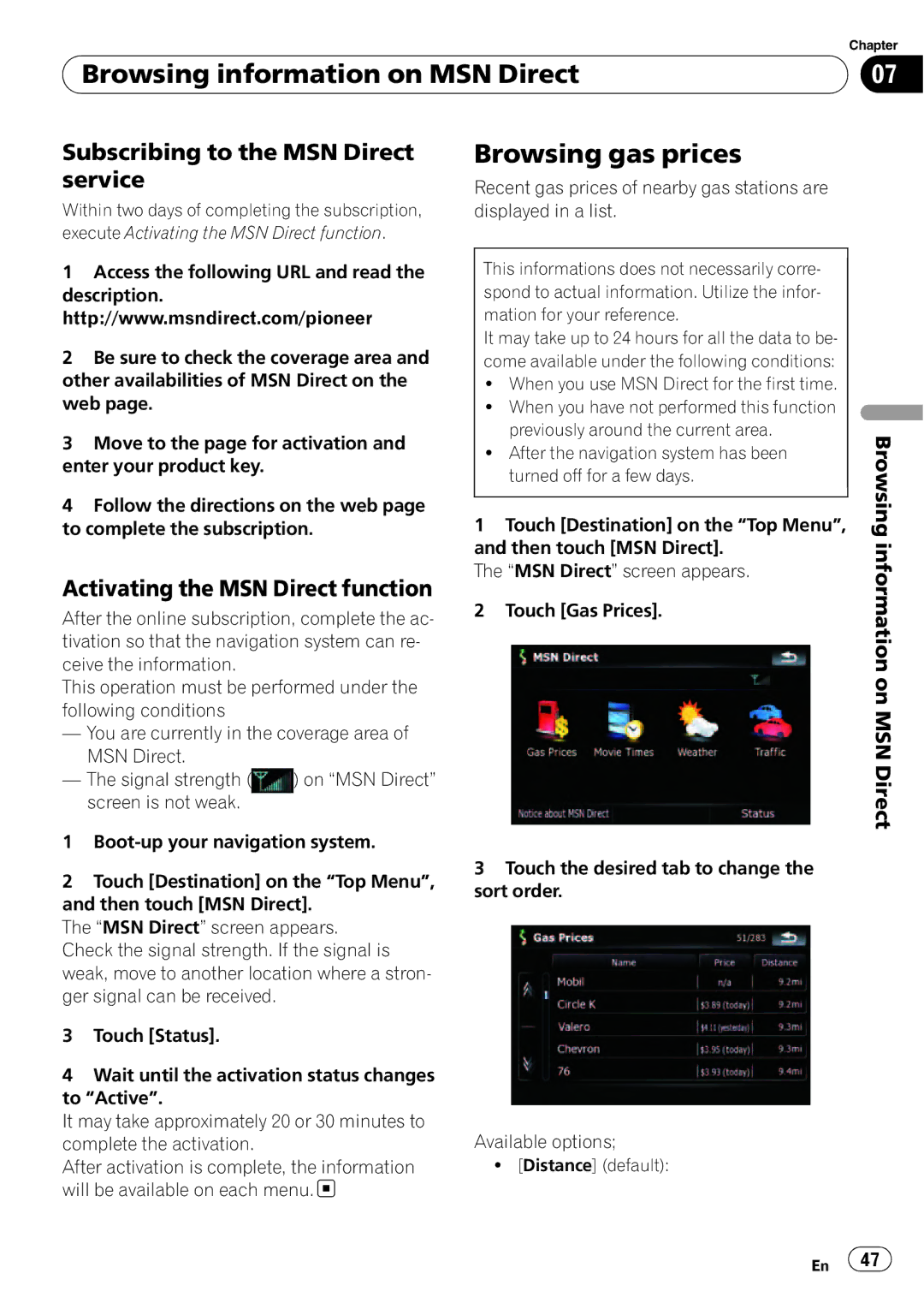 Pioneer F500BT Browsing gas prices, Subscribing to the MSN Direct service, Activating the MSN Direct function 