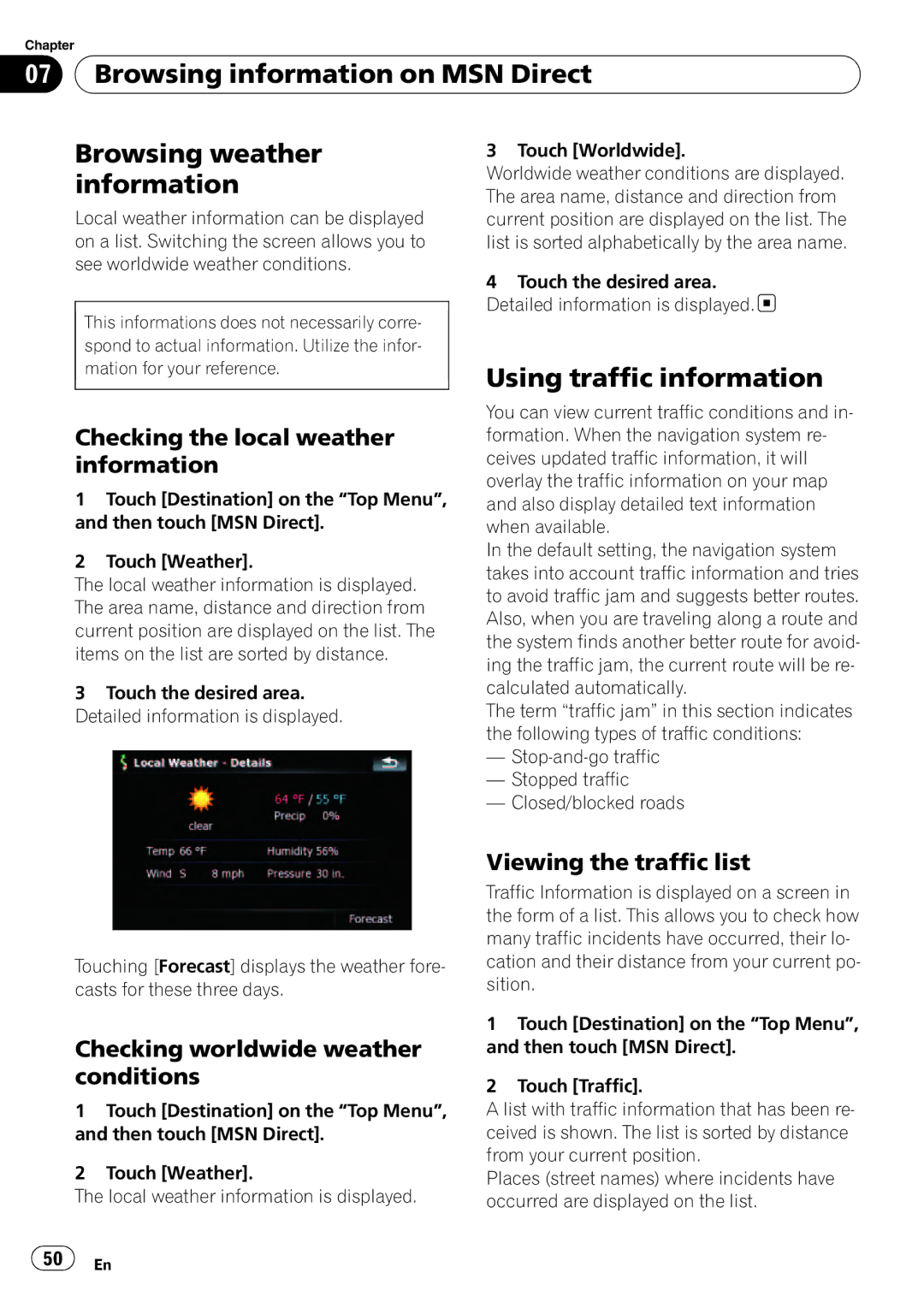 Pioneer F500BT Using traffic information, Checking the local weather information, Checking worldwide weather conditions 