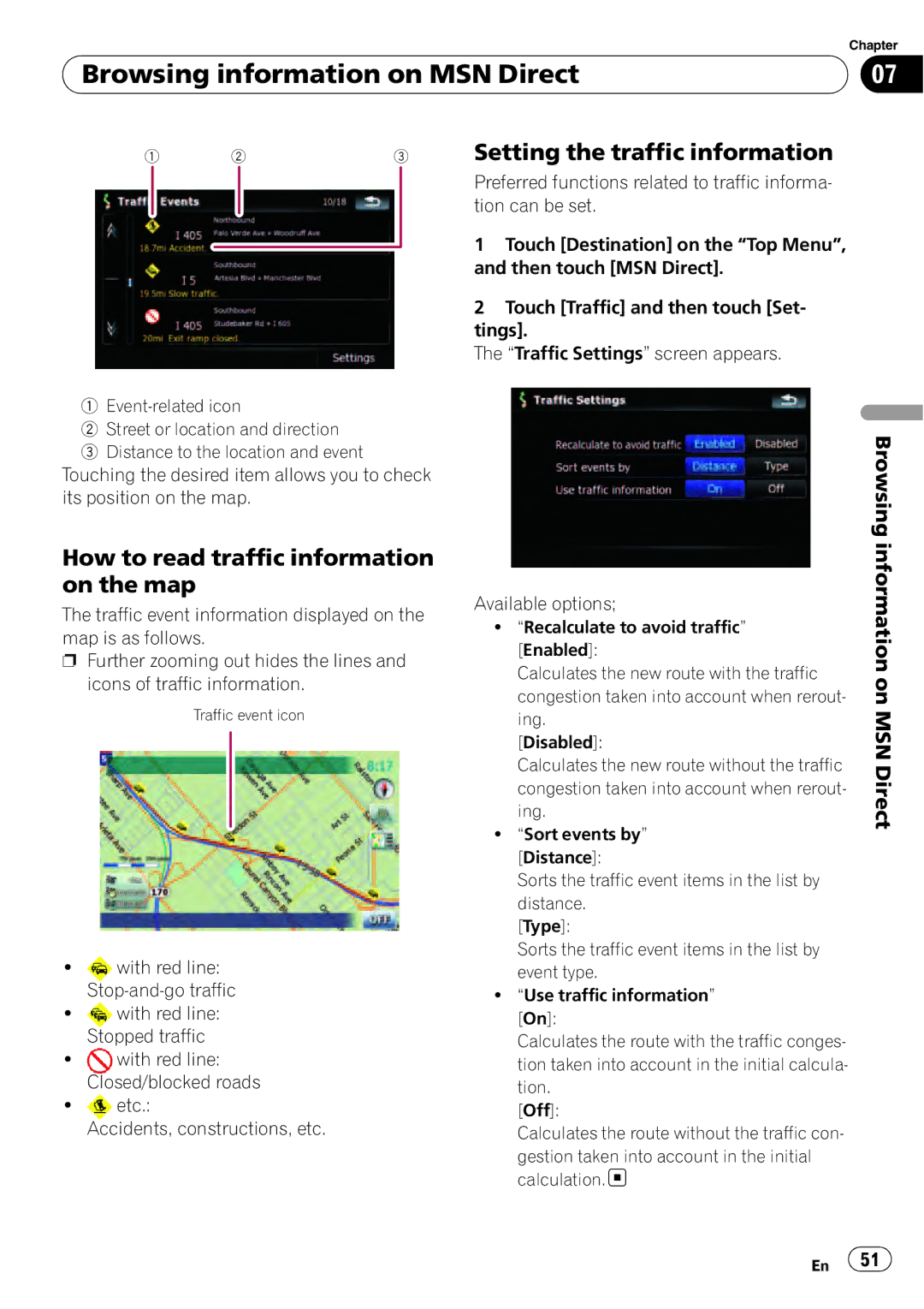 Pioneer F500BT operation manual Setting the traffic information, How to read traffic information on the map 