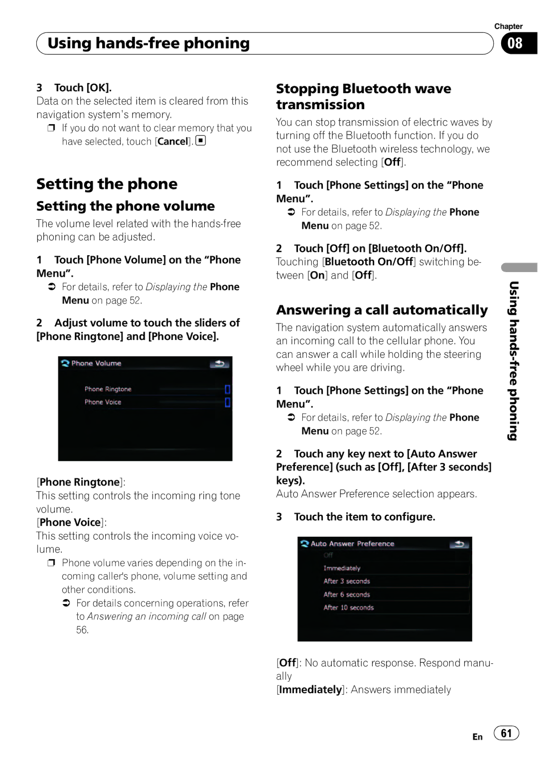 Pioneer F500BT Stopping Bluetooth wave transmission, Setting the phone volume, Answering a call automatically 