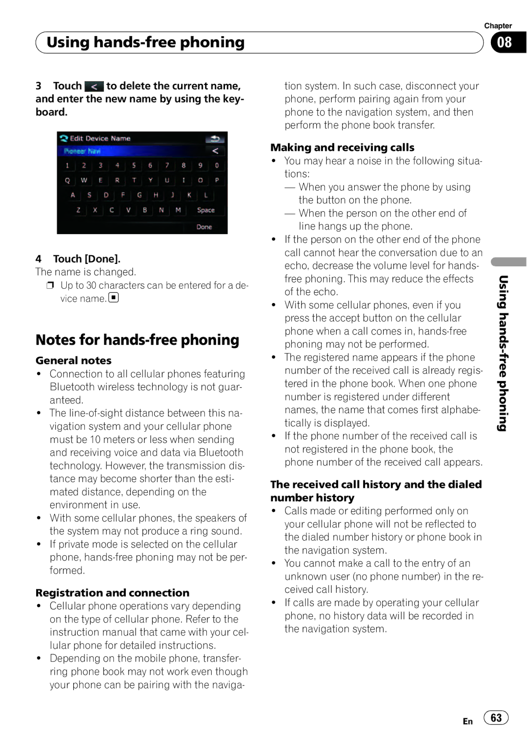 Pioneer F500BT operation manual Using hands-free phoning 