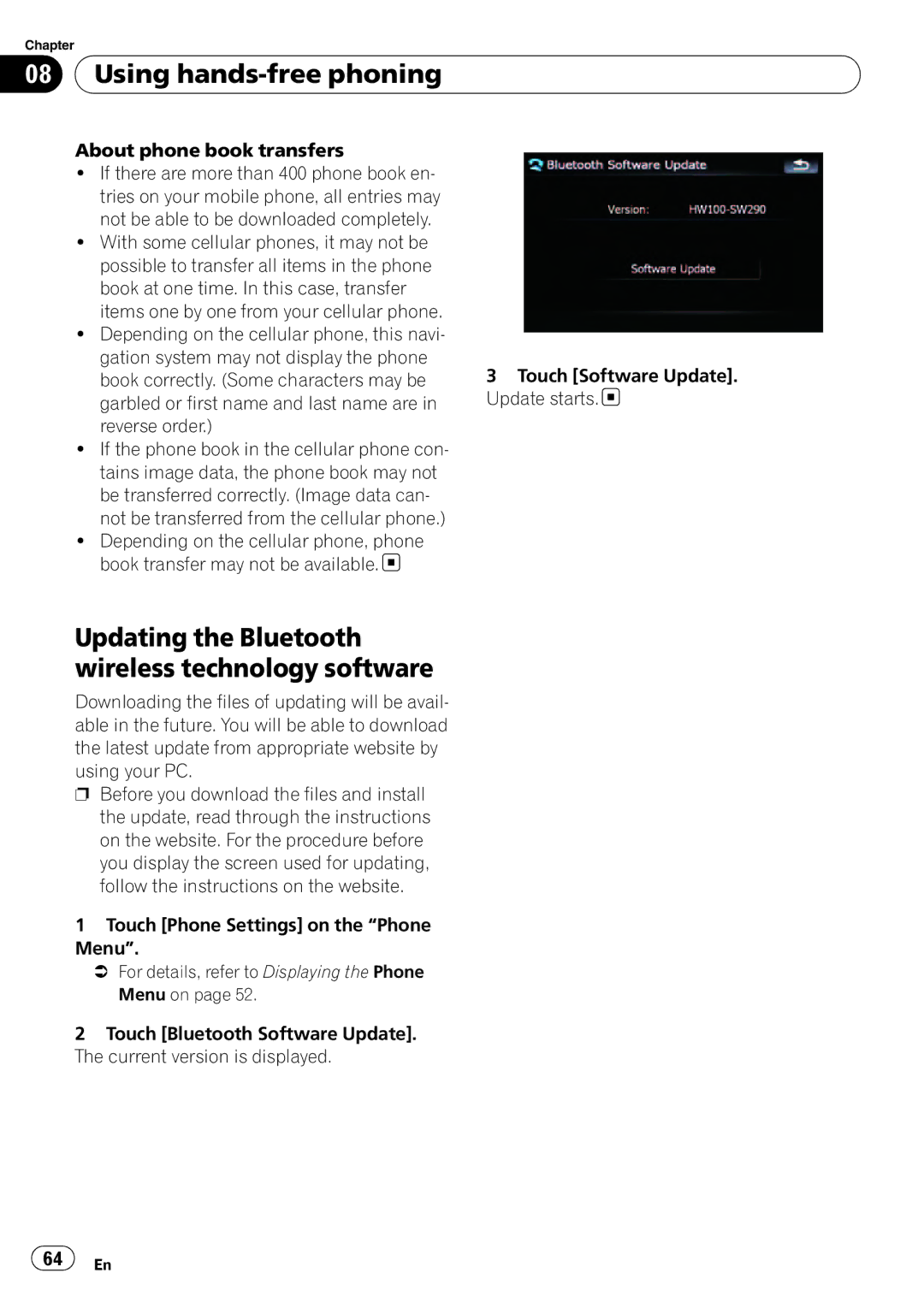 Pioneer F500BT operation manual Updating the Bluetooth wireless technology software 