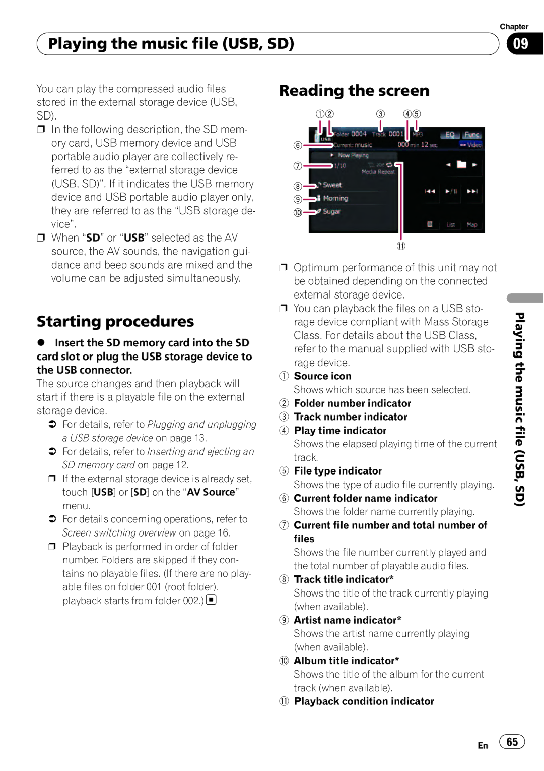 Pioneer F500BT operation manual Playing the music file USB, SD, Starting procedures, Reading the screen 