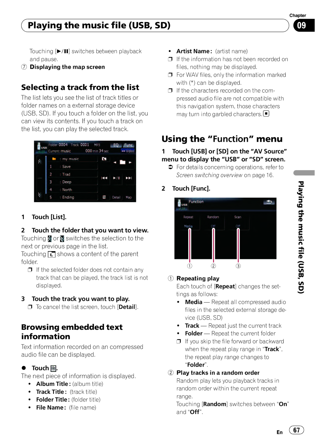 Pioneer F500BT Using the Function menu, Selecting a track from the list, Browsing embedded text information 