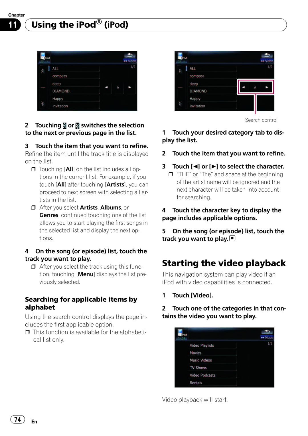 Pioneer F500BT operation manual Starting the video playback, Searching for applicable items by, Alphabet 