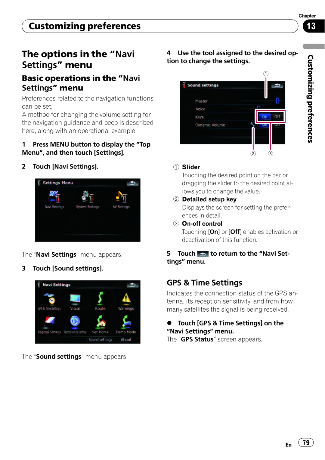 Pioneer F500BT operation manual Customizing preferences Options in the Navi, Basic operations in the Navi Settings menu 