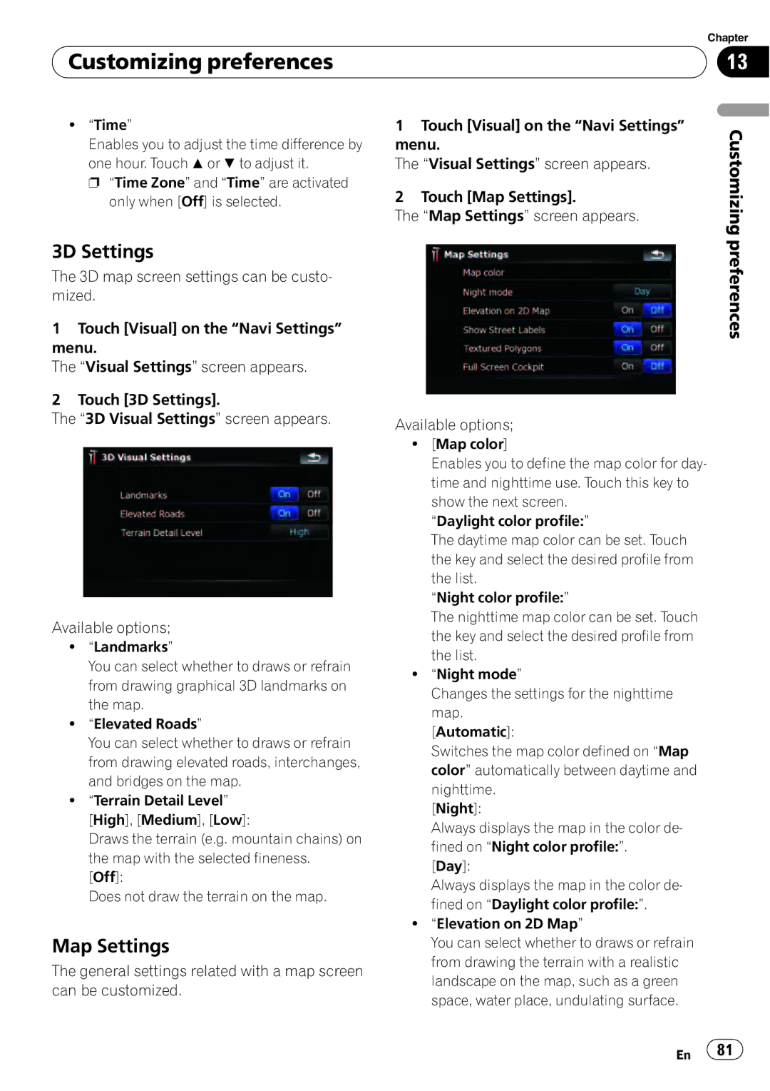 Pioneer F500BT operation manual 3D Settings, Map Settings 