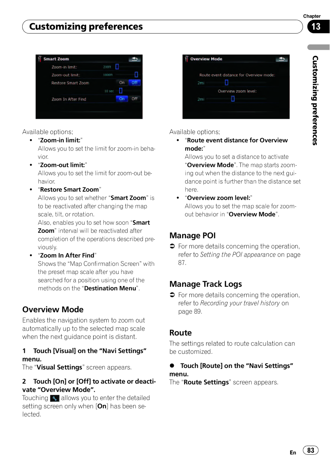 Pioneer F500BT operation manual Overview Mode, Manage POI, Manage Track Logs, Route 