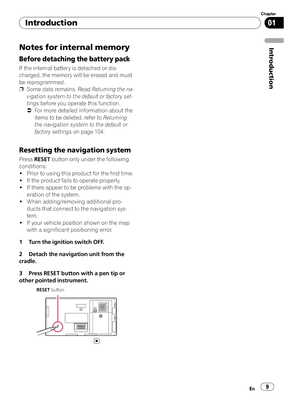 Pioneer F500BT operation manual Before detaching the battery pack, Resetting the navigation system 