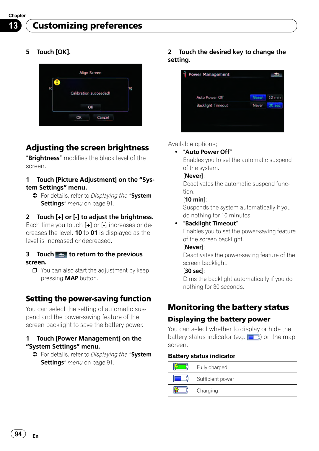 Pioneer F500BT Adjusting the screen brightness, Setting the power-saving function, Monitoring the battery status 