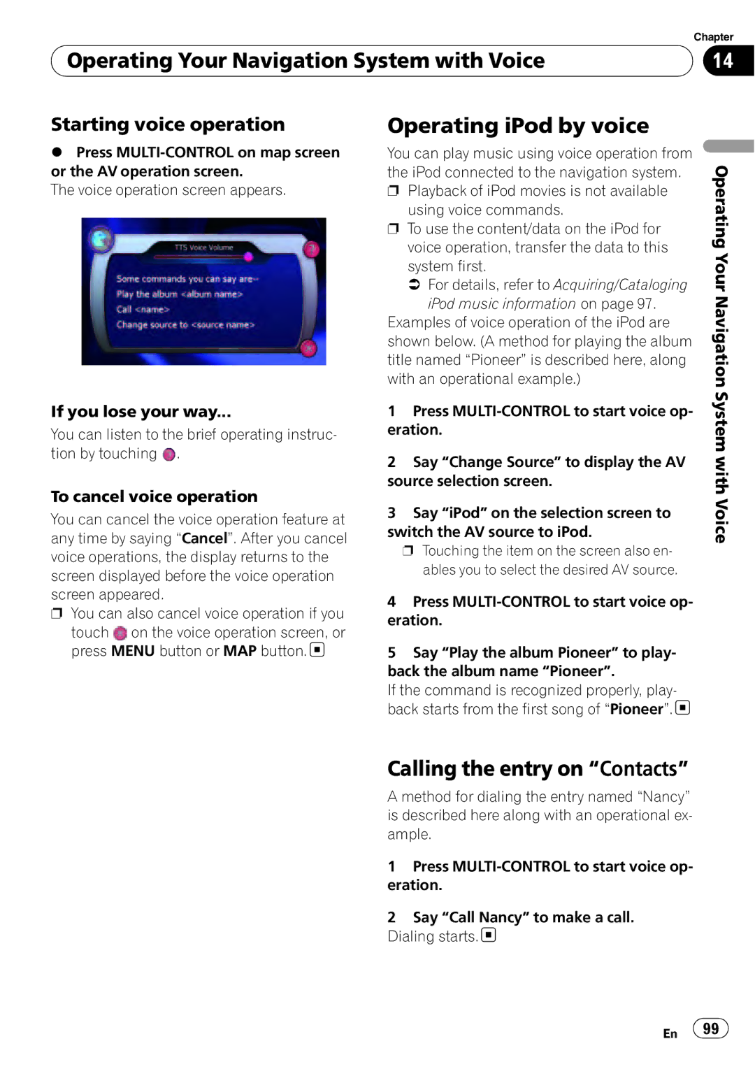 Pioneer F500BT Operating Your Navigation System with Voice, Operating iPod by voice, Calling the entry on Contacts 