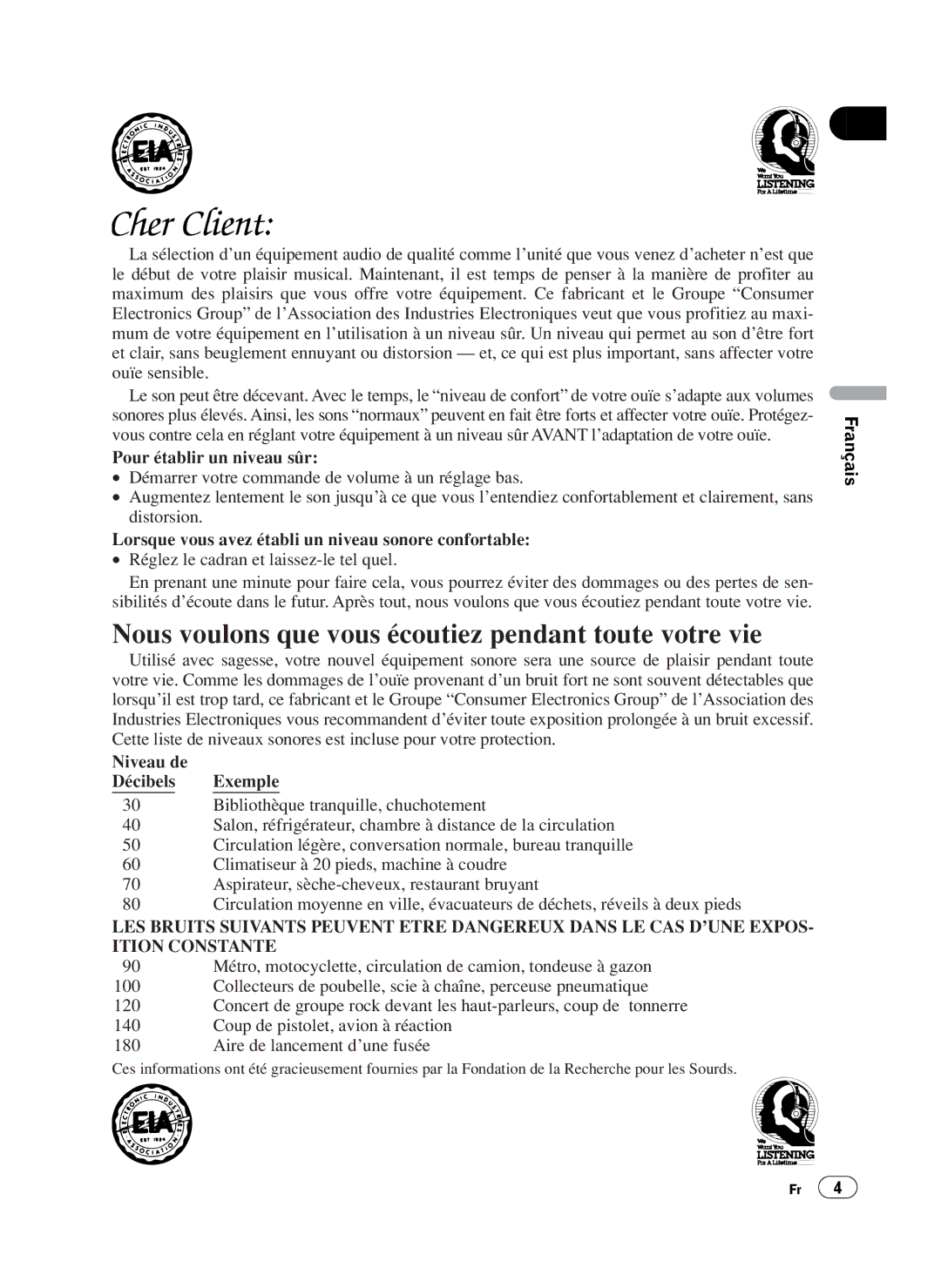 Pioneer FH-P4100 operation manual Nous voulons que vous écoutiez pendant toute votre vie 