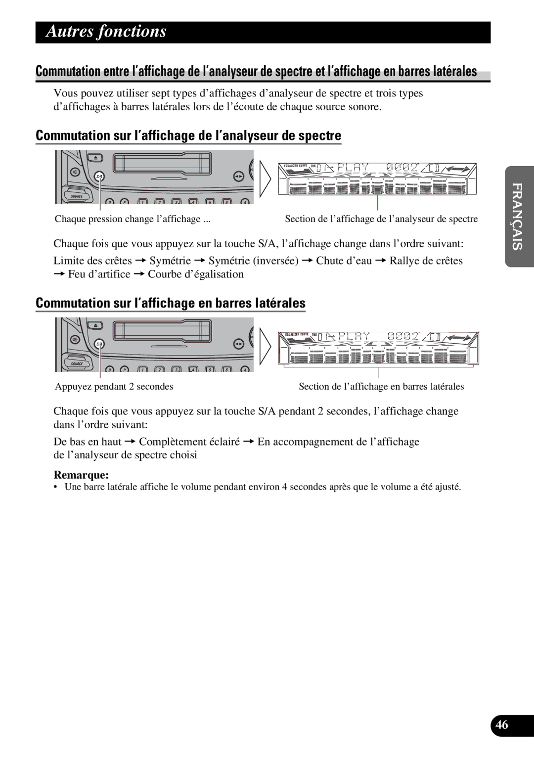 Pioneer FH-P4400 operation manual Autres fonctions, Commutation sur l’affichage de l’analyseur de spectre 