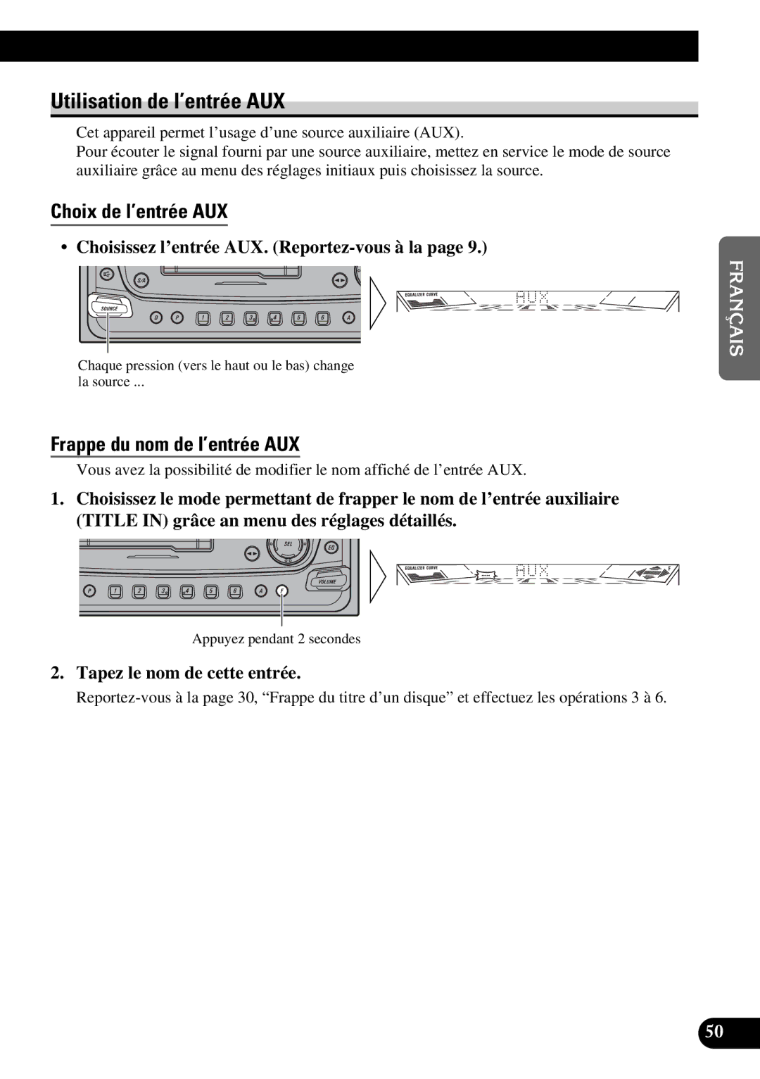 Pioneer FH-P4400 operation manual Utilisation de l’entrée AUX, Choix de l’entrée AUX, Frappe du nom de l’entrée AUX 