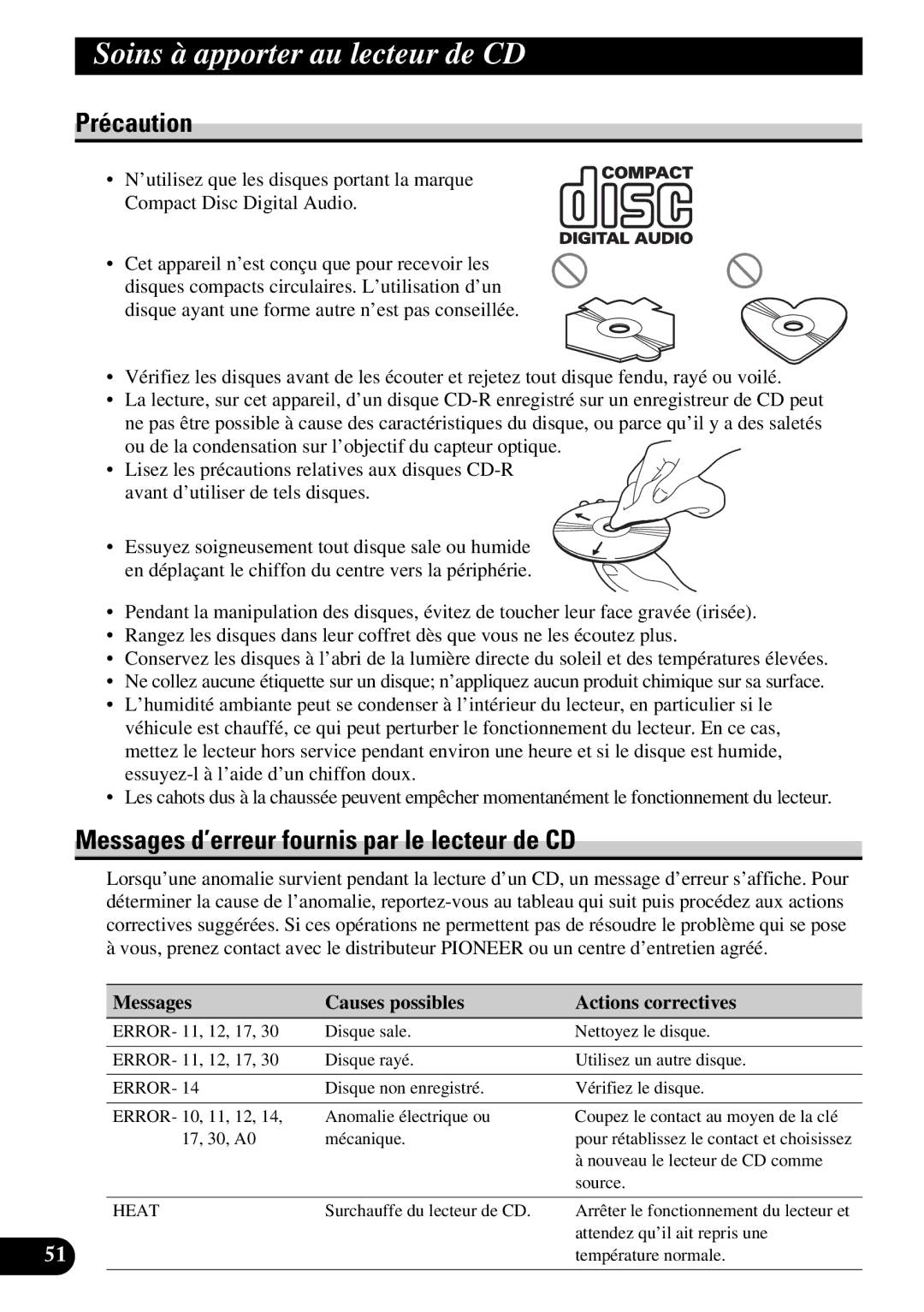 Pioneer FH-P4400 operation manual Soins à apporter au lecteur de CD, Messages d’erreur fournis par le lecteur de CD 