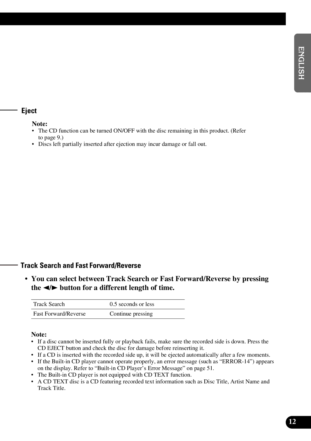 Pioneer FH-P4400 operation manual Eject, Track Search and Fast Forward/Reverse 