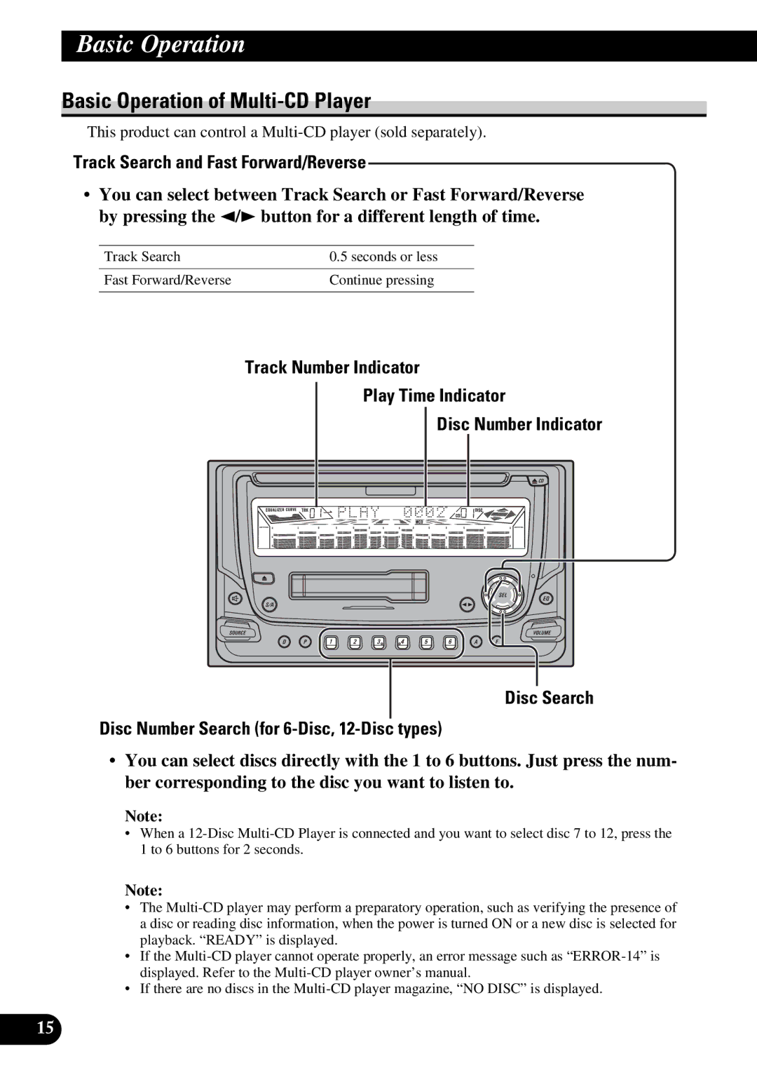 Pioneer FH-P4400 operation manual Basic Operation of Multi-CD Player, Track Search and Fast Forward/Reverse 