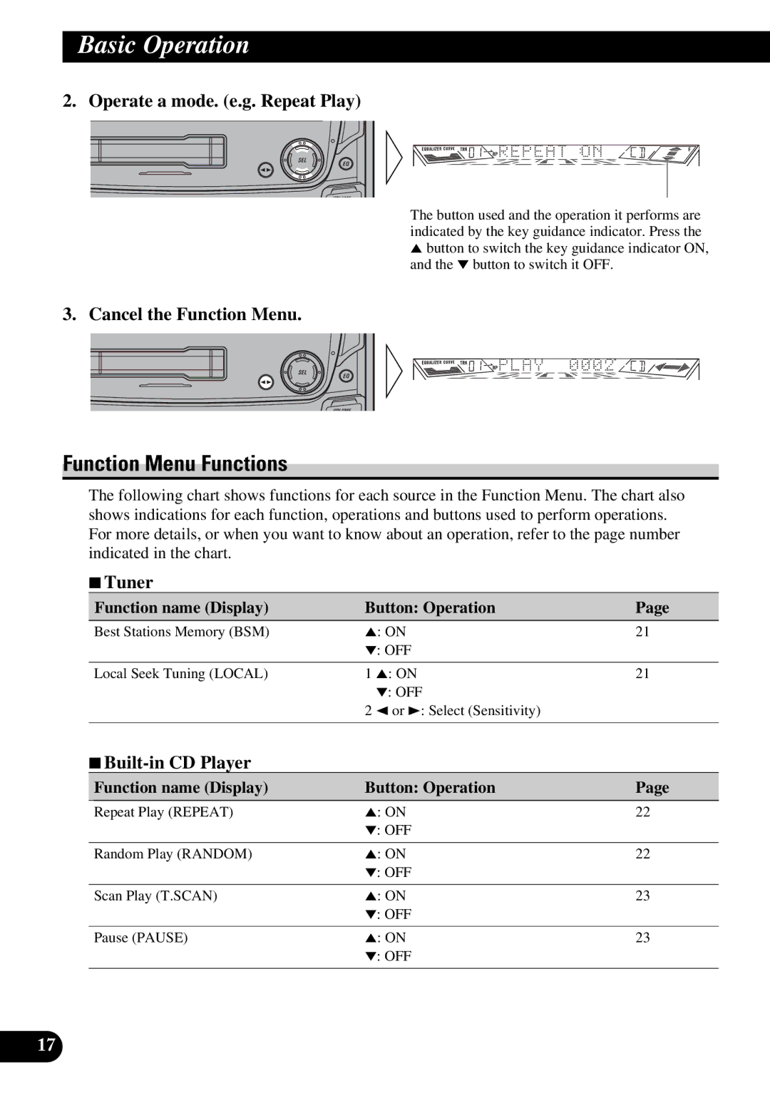 Pioneer FH-P4400 Function Menu Functions, Operate a mode. e.g. Repeat Play, Cancel the Function Menu, 7Tuner 