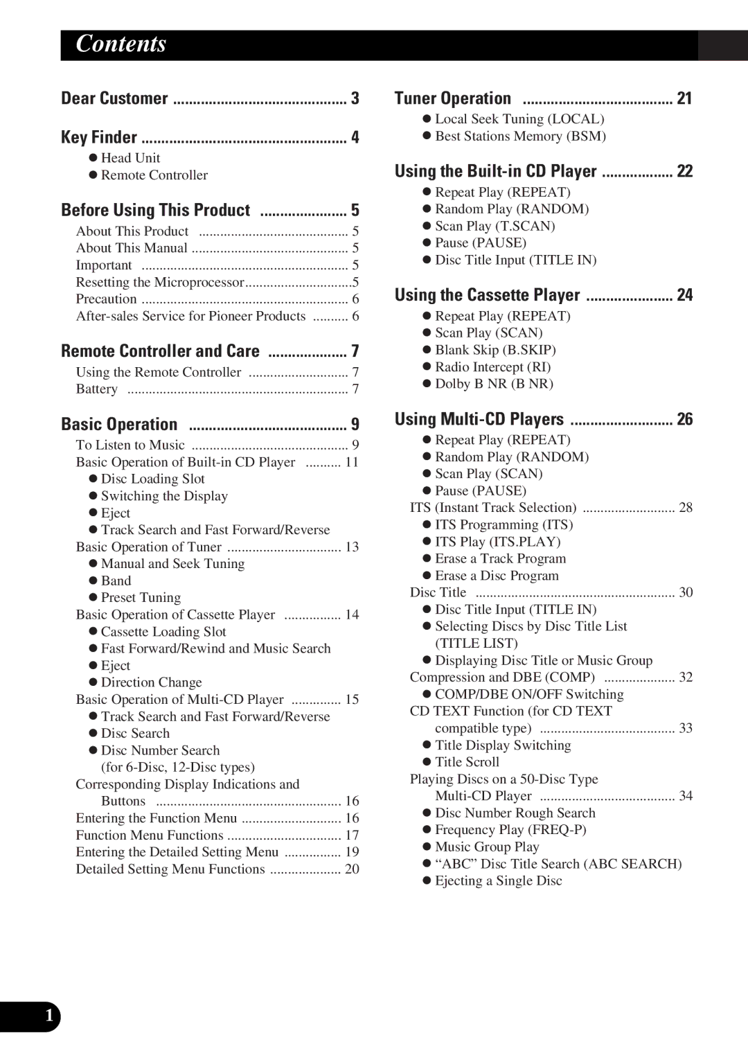 Pioneer FH-P4400 operation manual Contents 