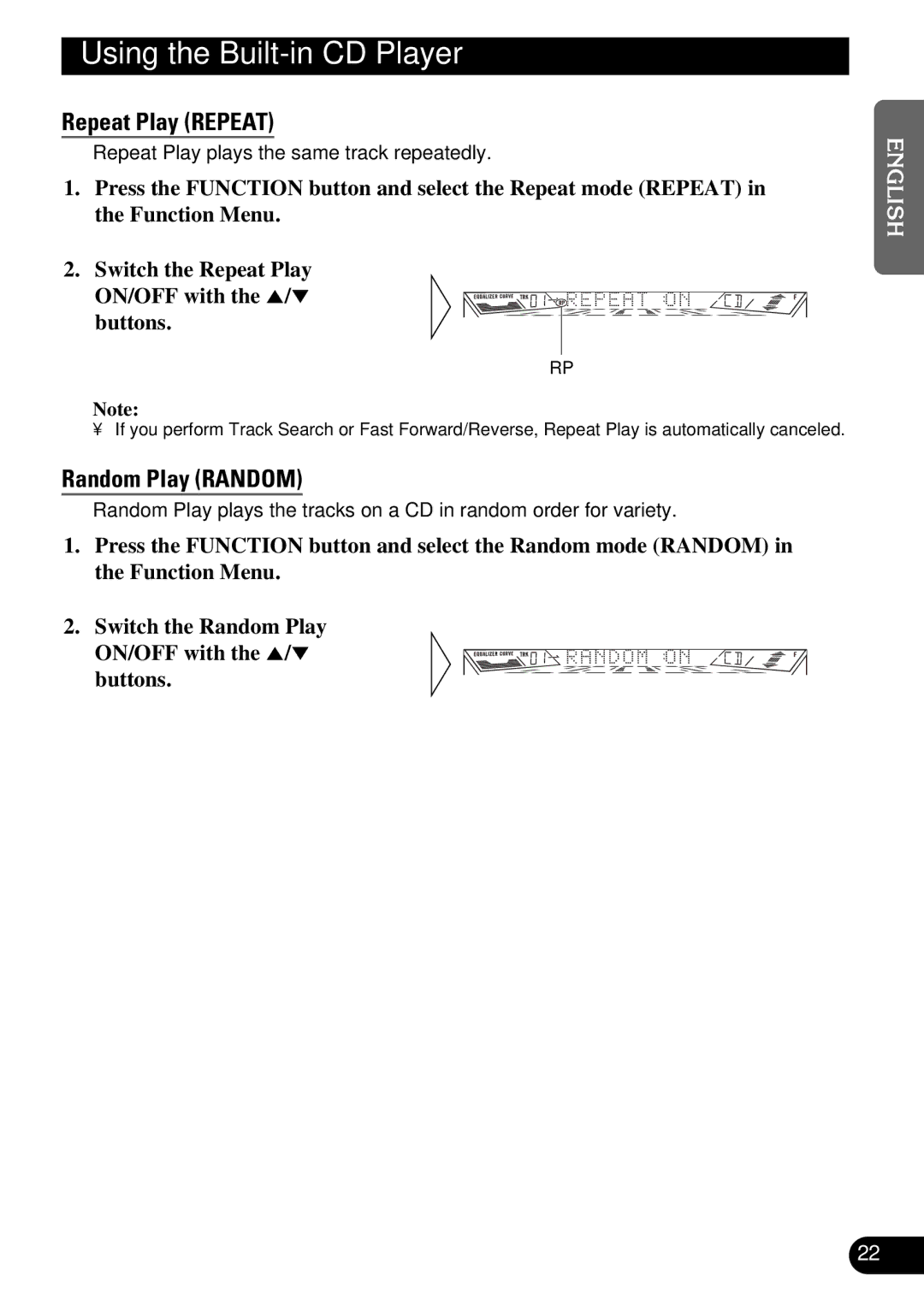 Pioneer FH-P4400 operation manual Using the Built-in CD Player, Repeat Play Repeat, Random Play Random 