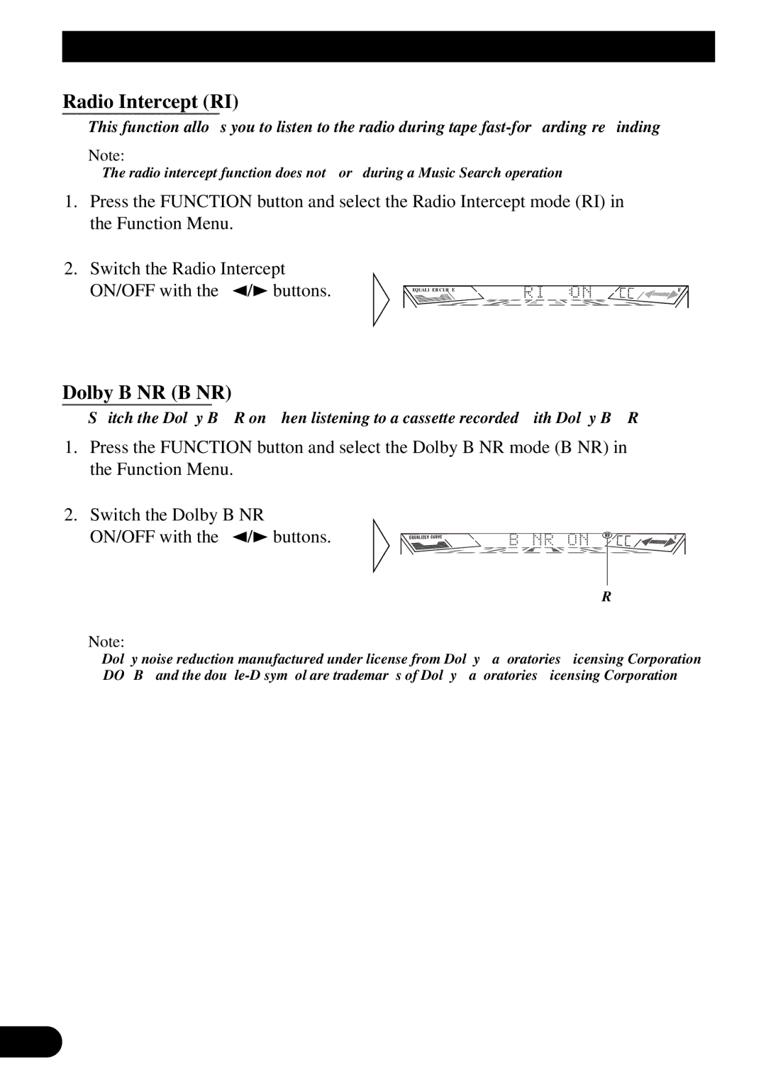 Pioneer FH-P4400 operation manual Radio Intercept RI, Dolby B NR B NR 