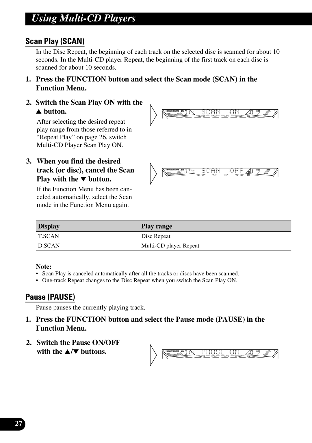 Pioneer FH-P4400 operation manual Scan Play Scan, Display Play range 