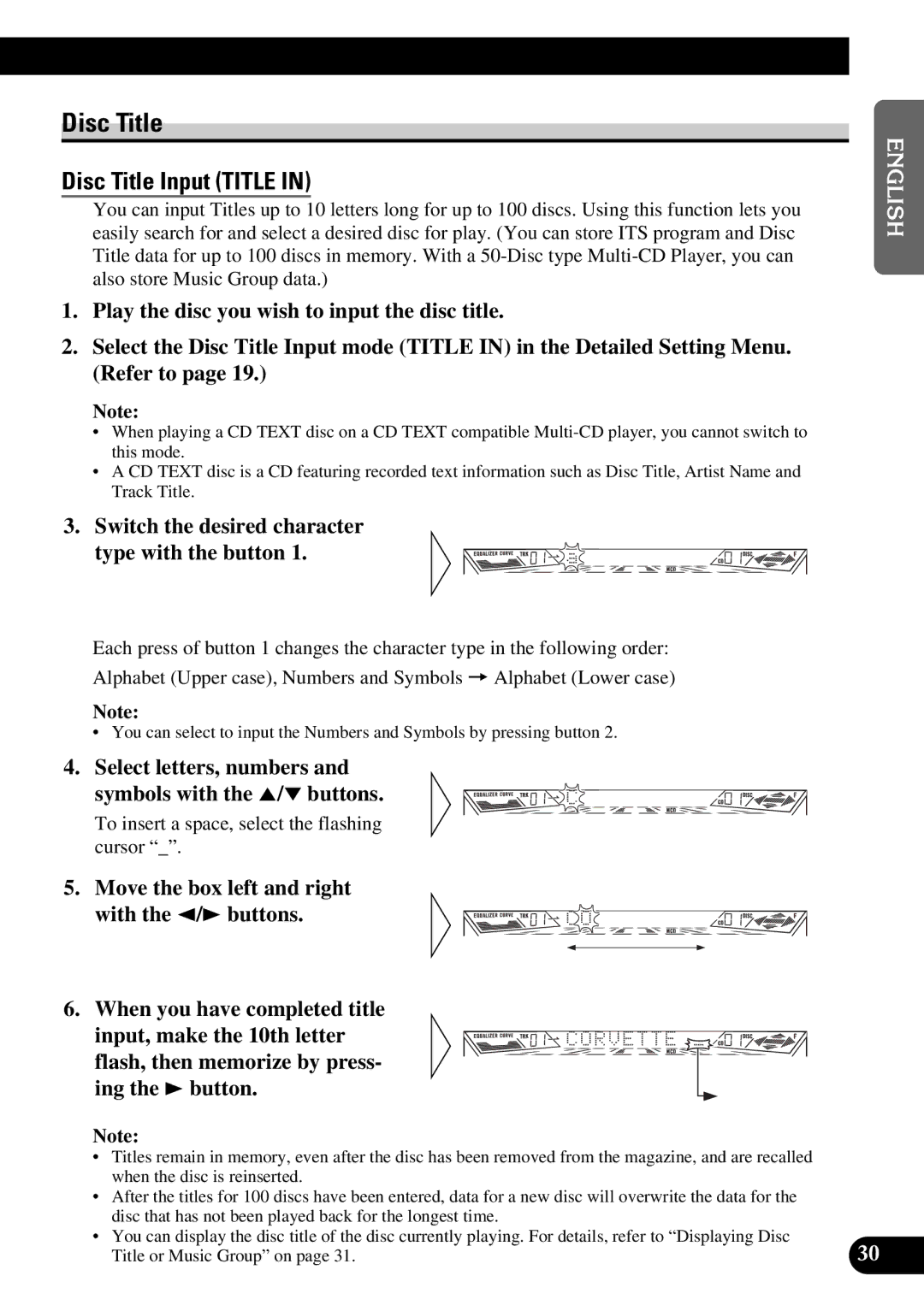 Pioneer FH-P4400 operation manual Disc Title, Switch the desired character Type with the button 