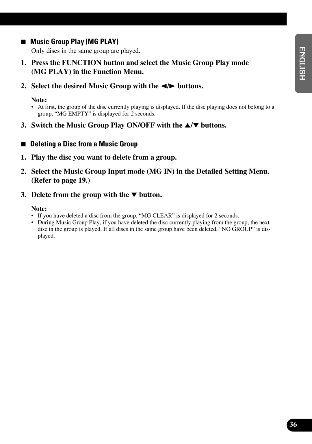 Pioneer FH-P4400 operation manual Music Group Play MG Play, Switch the Music Group Play ON/OFF with the 5/∞ buttons 