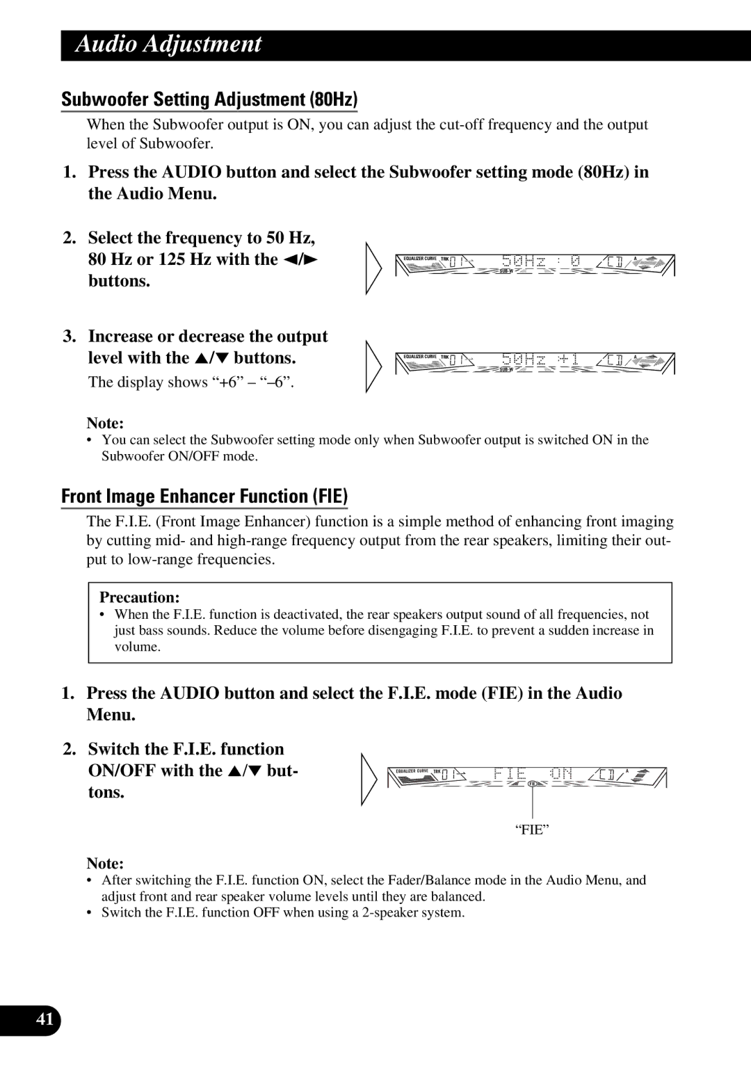 Pioneer FH-P4400 operation manual Subwoofer Setting Adjustment 80Hz, Front Image Enhancer Function FIE 