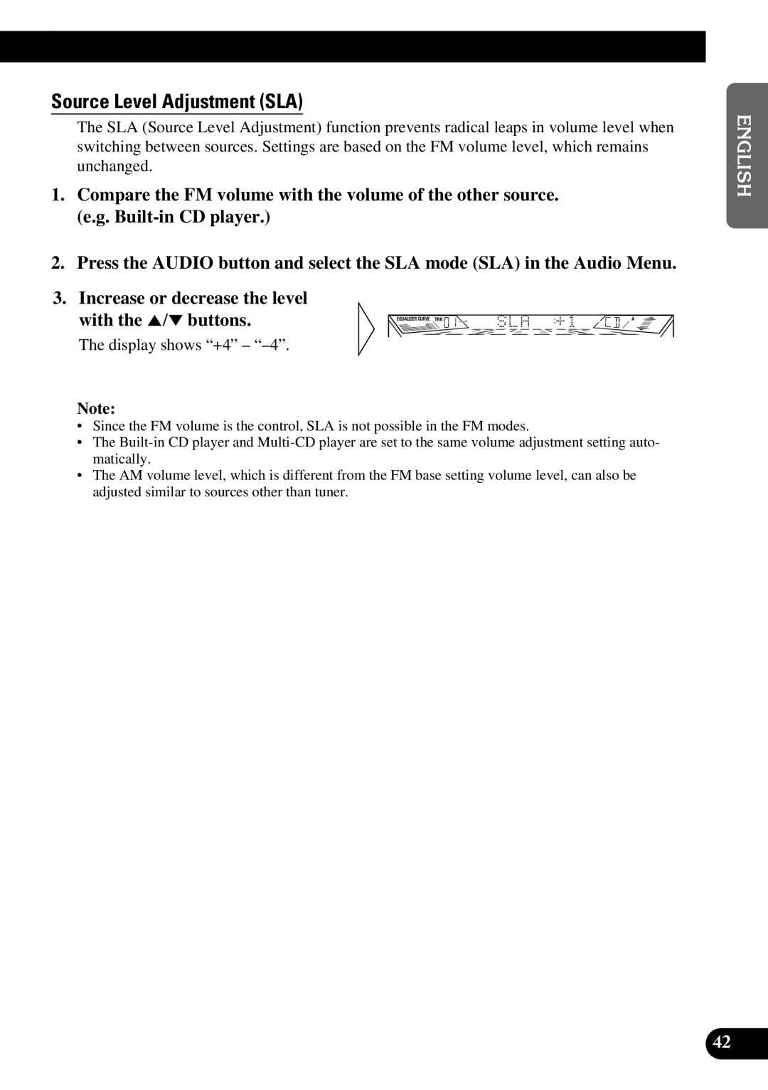 Pioneer FH-P4400 operation manual Source Level Adjustment SLA, Display shows +4 