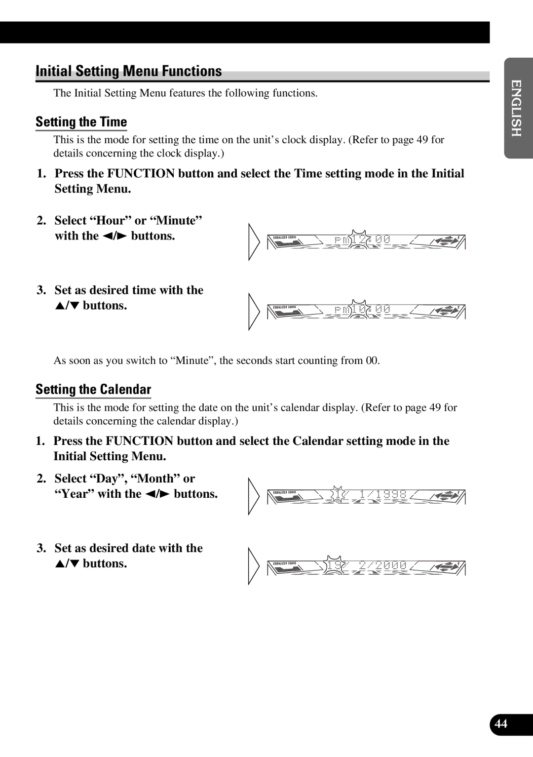 Pioneer FH-P4400 operation manual Initial Setting Menu Functions, Setting the Time, Setting the Calendar 