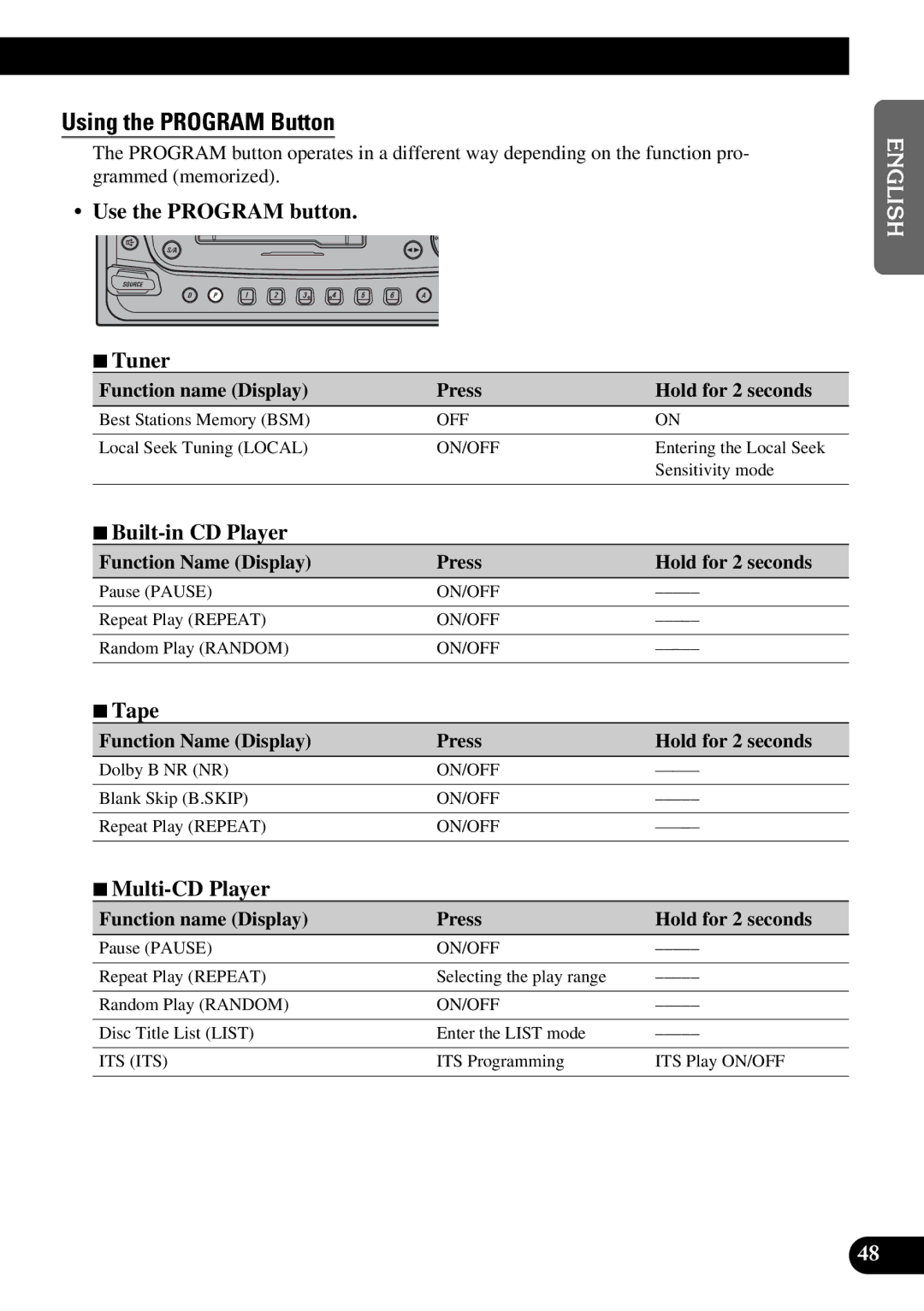 Pioneer FH-P4400 operation manual Using the Program Button, Use the Program button 7Tuner, 7Tape 