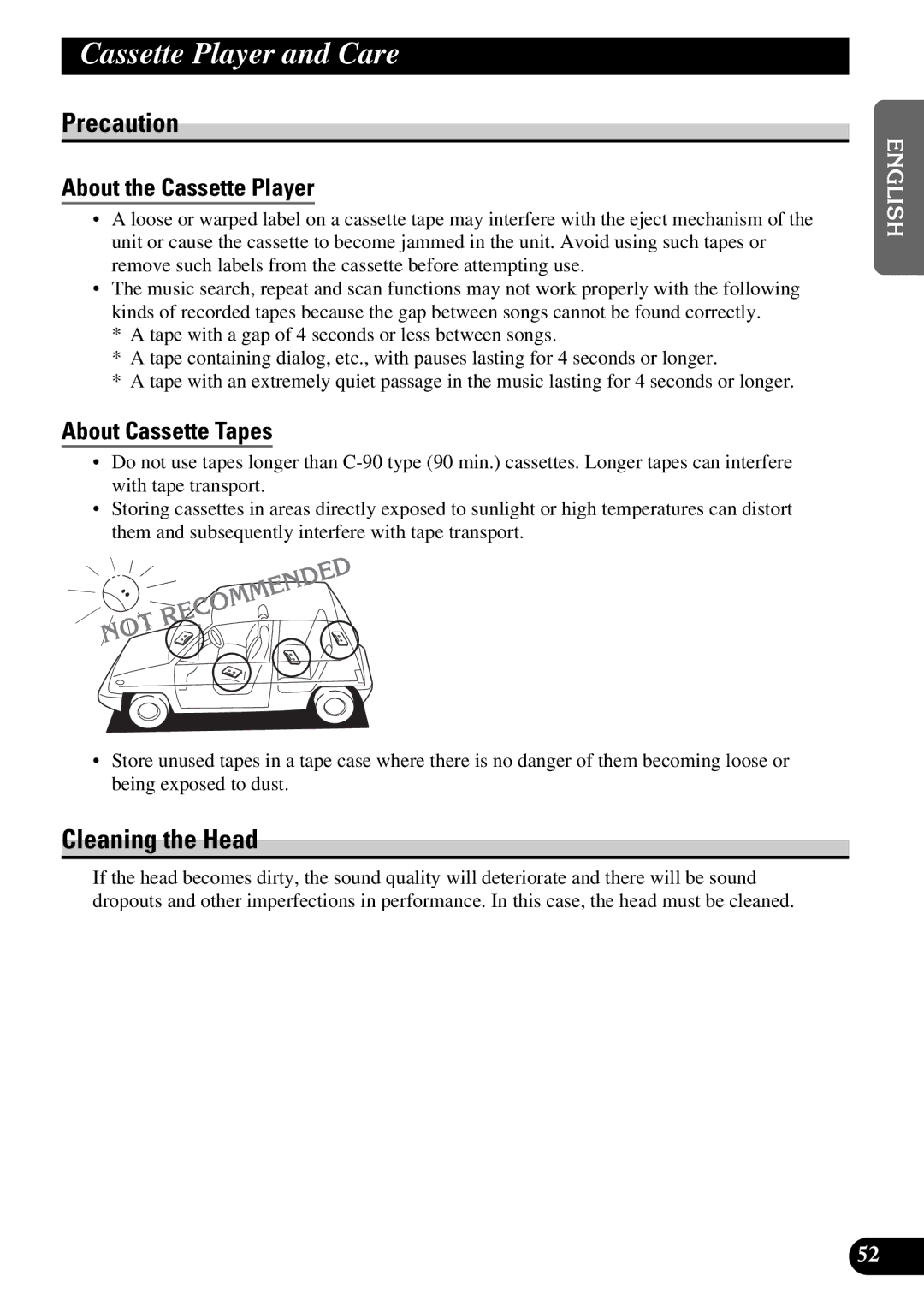 Pioneer FH-P4400 Cassette Player and Care, Cleaning the Head, About the Cassette Player, About Cassette Tapes 