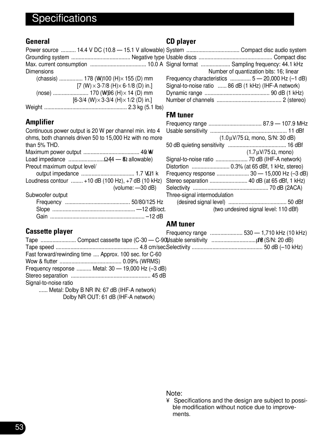 Pioneer FH-P4400 operation manual Specifications 