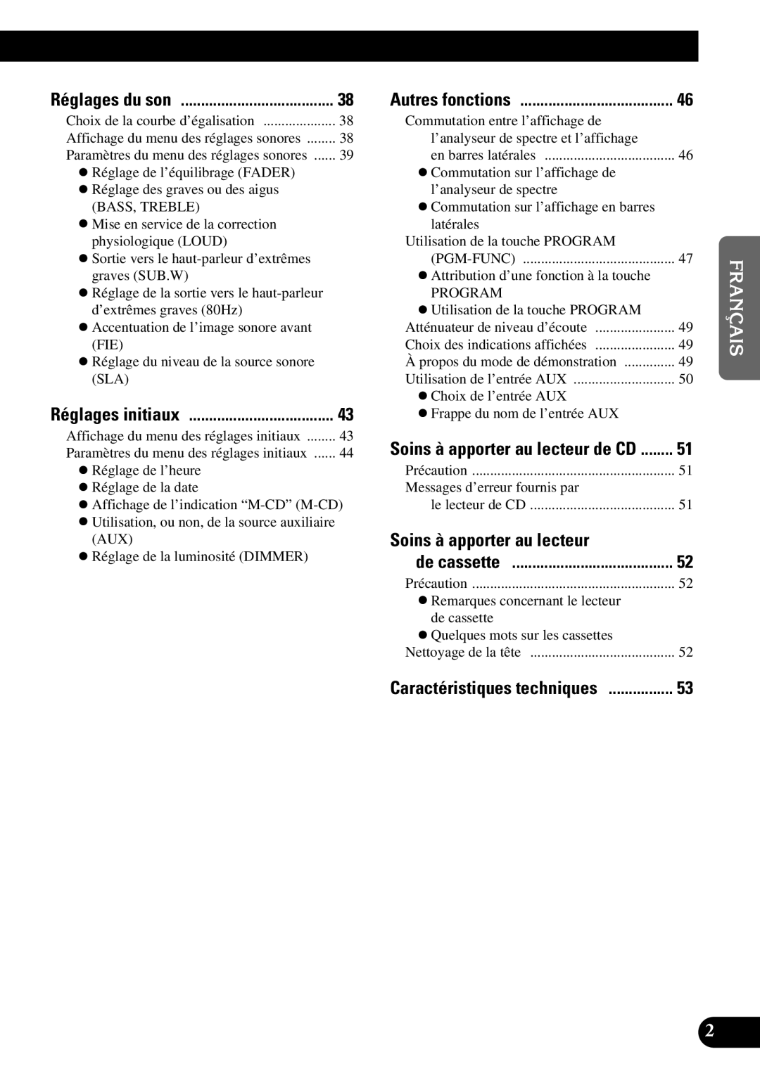 Pioneer FH-P4400 operation manual Soins à apporter au lecteur, Réglages du son 